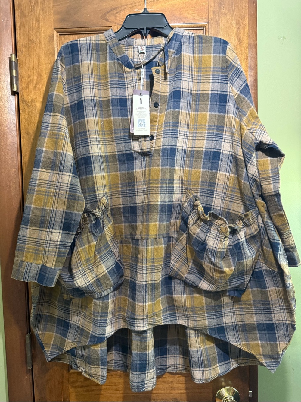 Relaxed Plaid Button-Front Tunic Shirt - Mustard & Blue